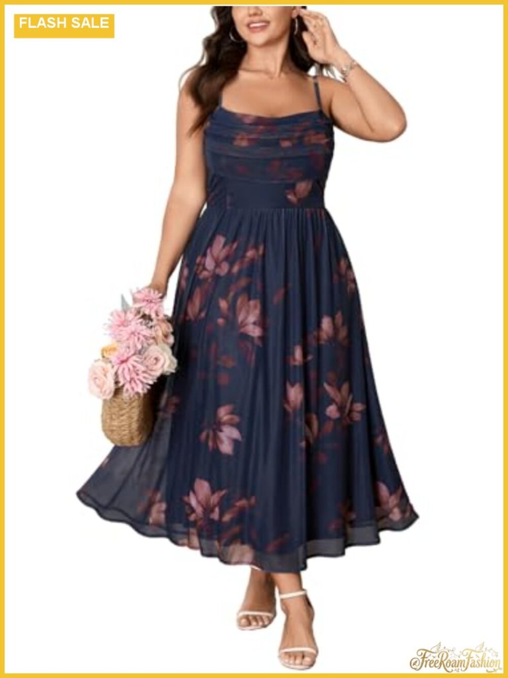 SHESTARR Women's Plus Size Floral Maxi Dress Mesh Cowl Neck Wedding Guest